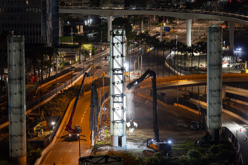 A crane removes a pylon at LAX.