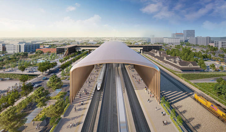 Kaliforniens lang erwarteter Hochgeschwindigkeitszug wird L.A. in nur 160 Minuten mit San Francisco verbinden – sieh dir die futuristischen Entwürfe der ersten fünf Bahnhöfe im Central Valley an.