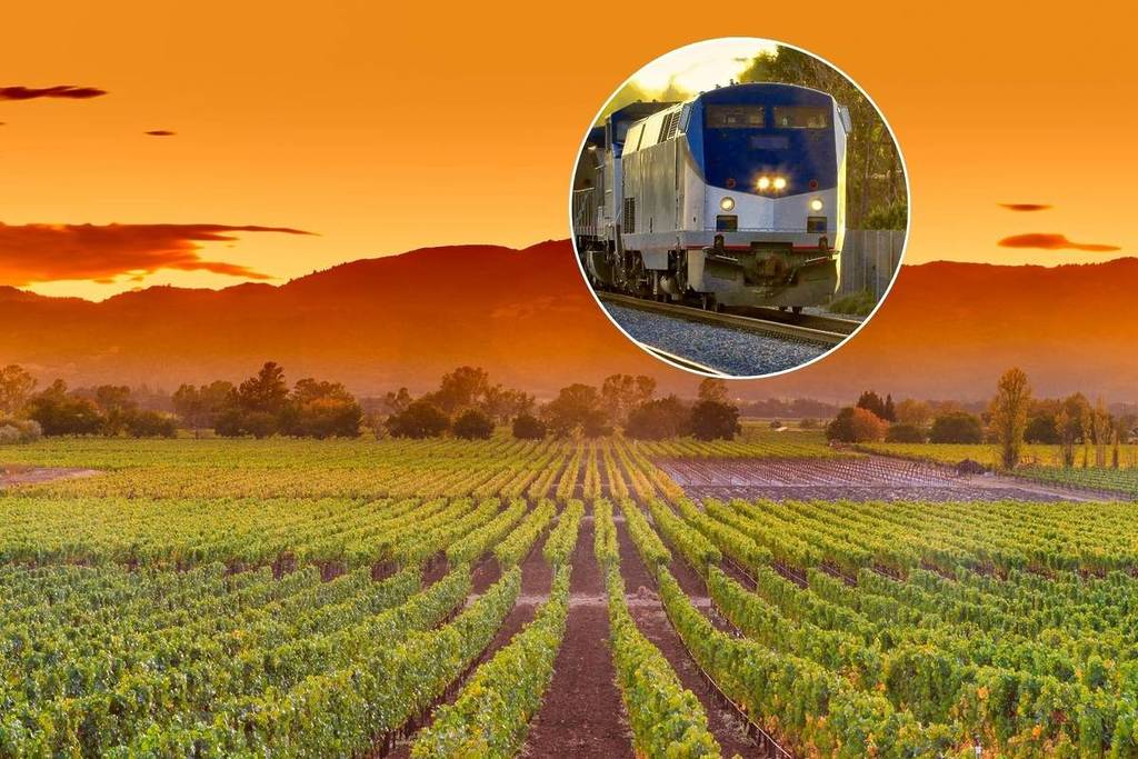 Amtrak Coast Starlight y puesta de sol sobre los viñedos del valle de Napa.