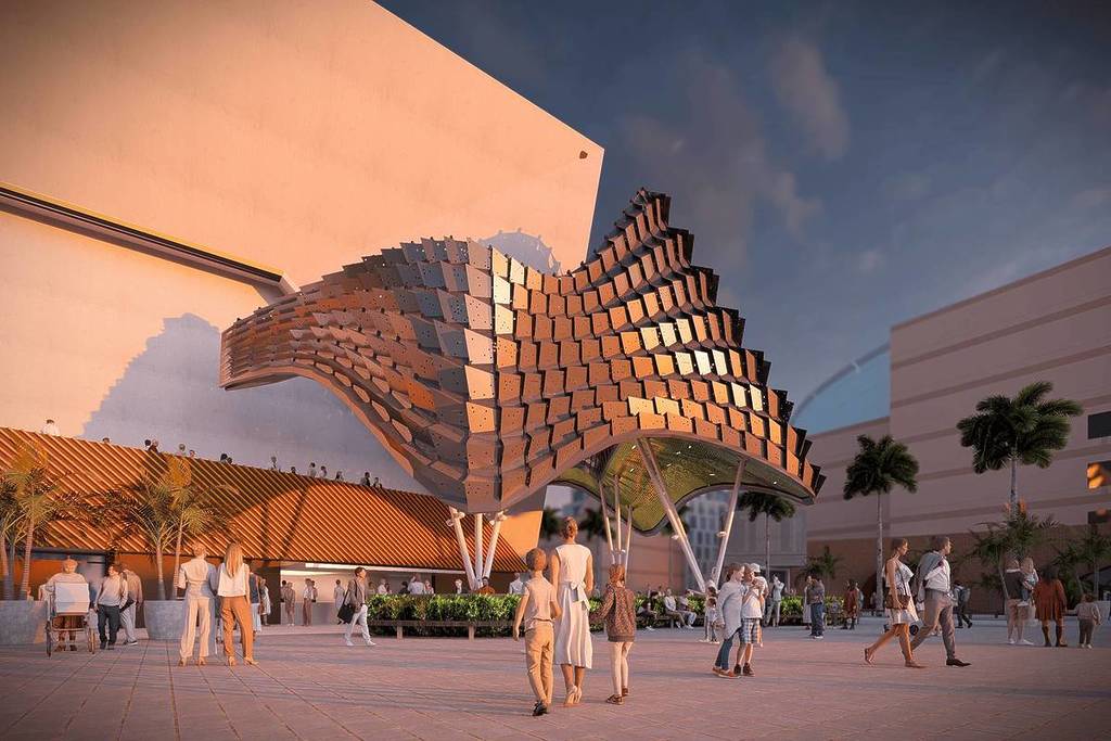 Rendering of silver layered sculpture on OCVIBE concert hall.