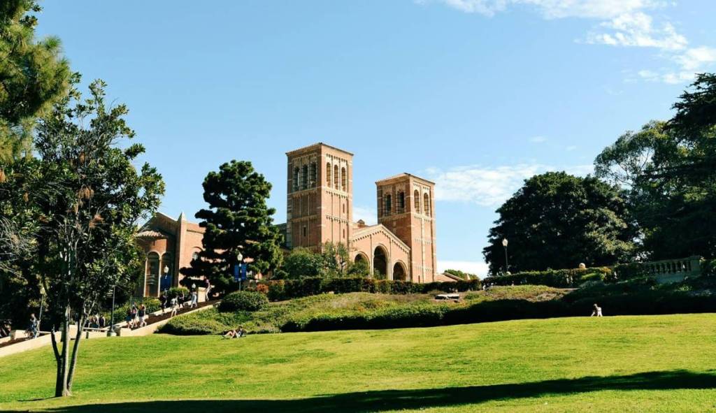 UCLA campus buildings surrounded by grass