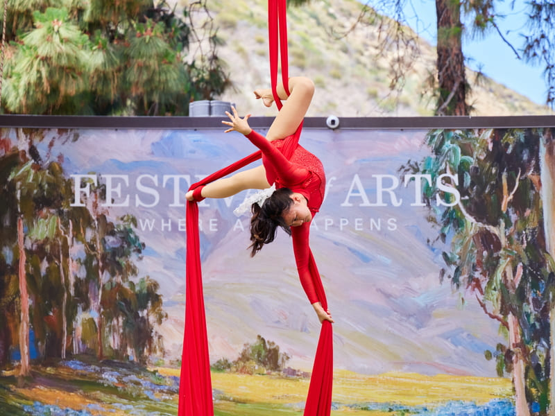 Un artista cuelga de unas telas acrobáticas.