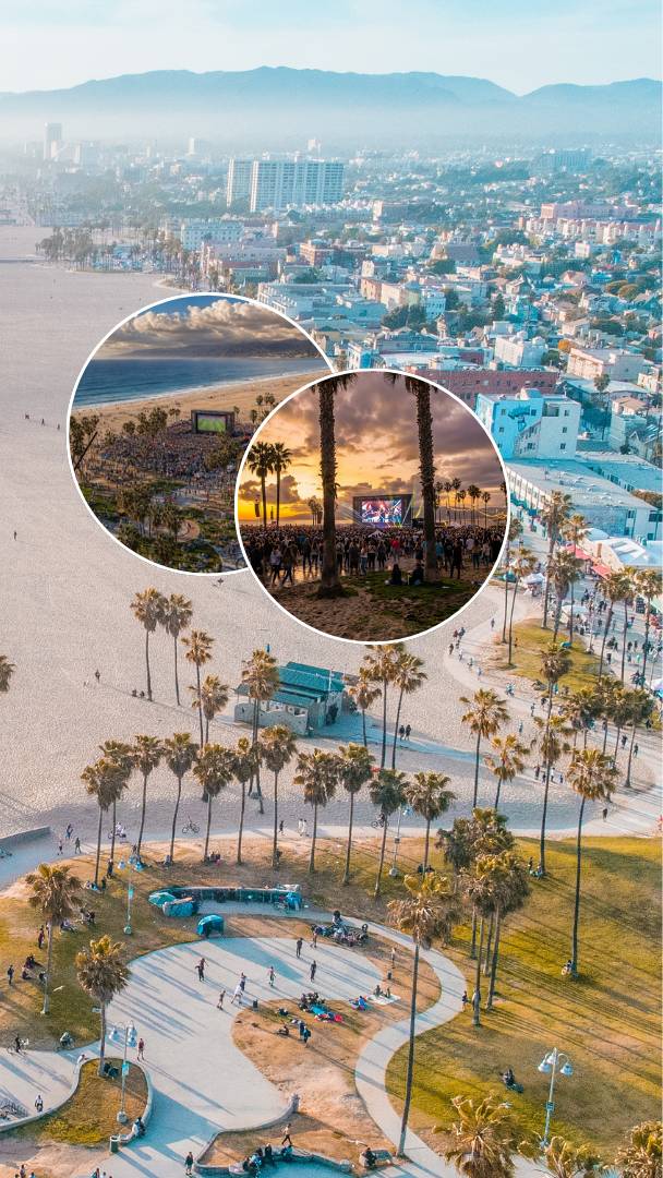 Venice Beach se transforme en une immense fan zone ce week-end, avec un écran de la taille d’un stade installé directement sur la promenade, des concerts et une fête de quartier