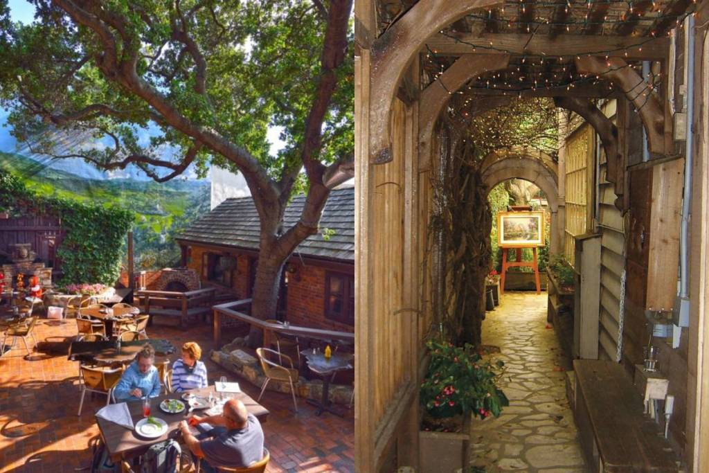 Restaurant patio and alley with archway in Carmel, CA.