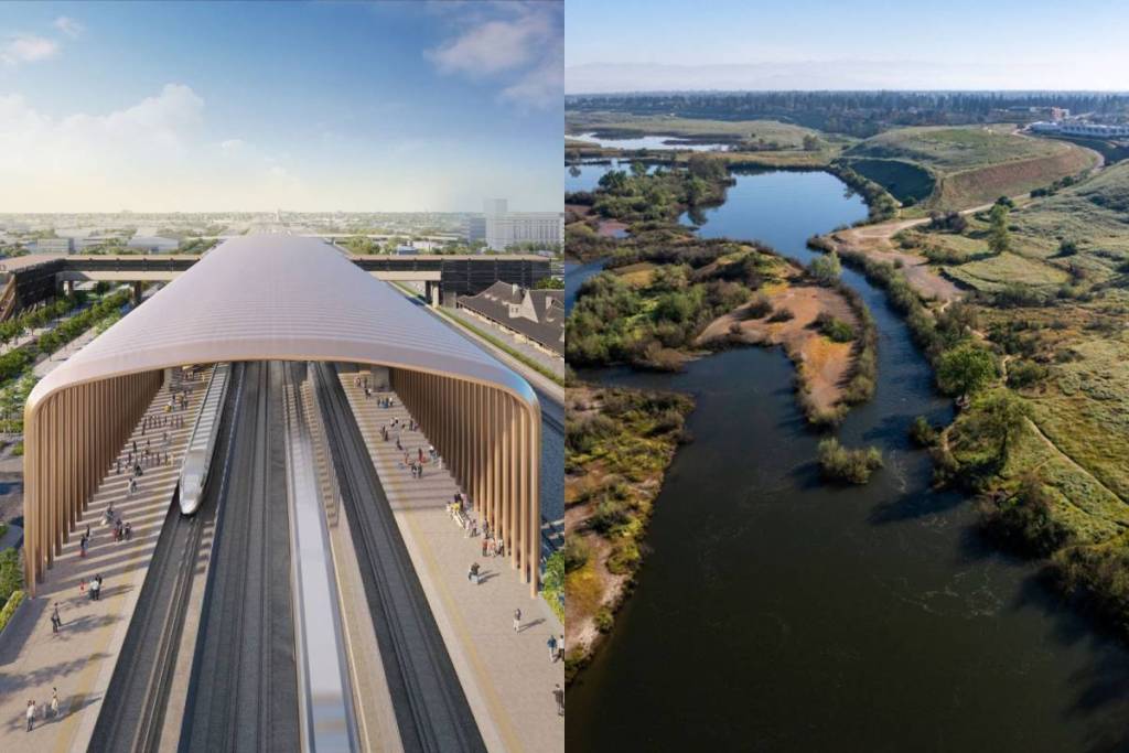 Representación de la estación del tren de alta velocidad de California y vista aérea de la San Joaquin River Parkway