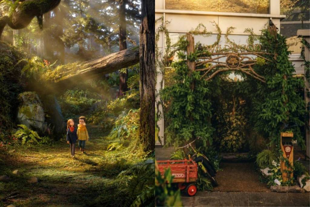 Photo tirée du film et installation du portail vers la forêt pour « Wildwood » de LAIKA