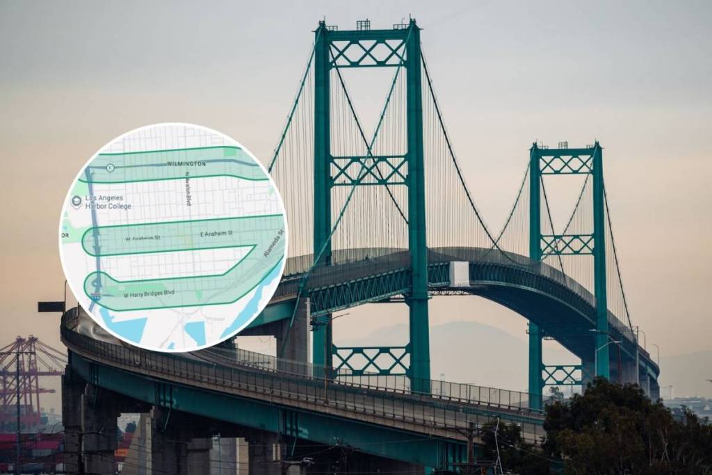 Le pont Vincent Thomas et la carte des zones de déviation.