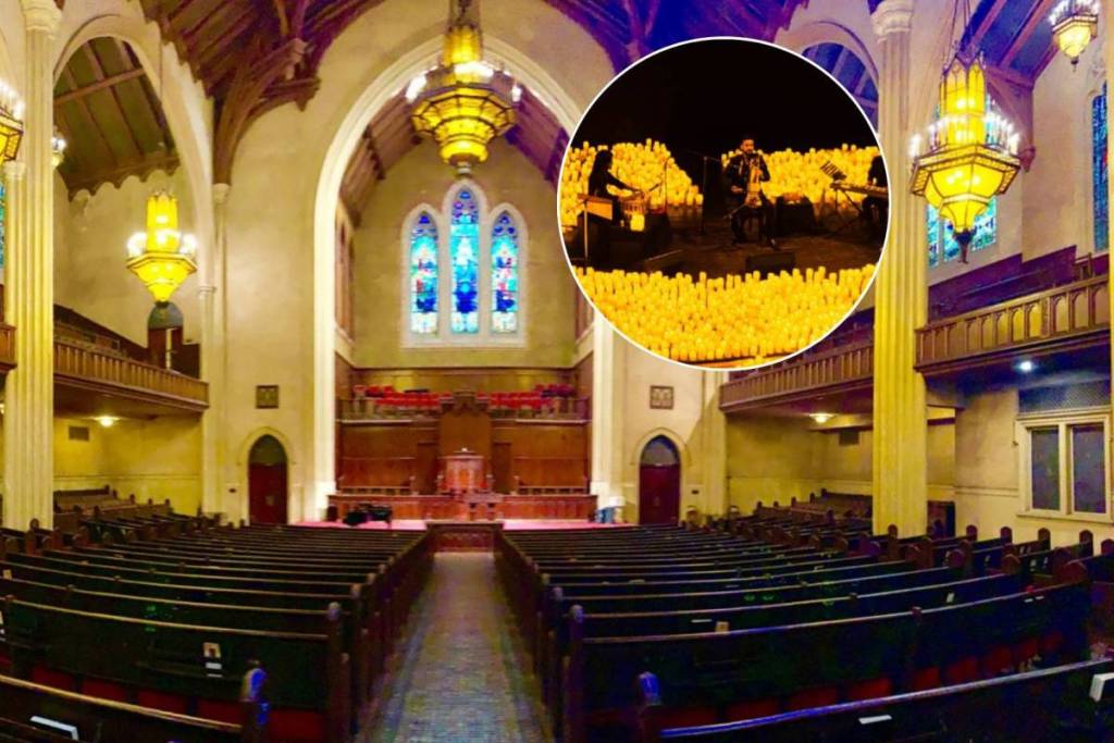 Der Altar und die Buntglasfenster in der Immanuel Presbyterian Church