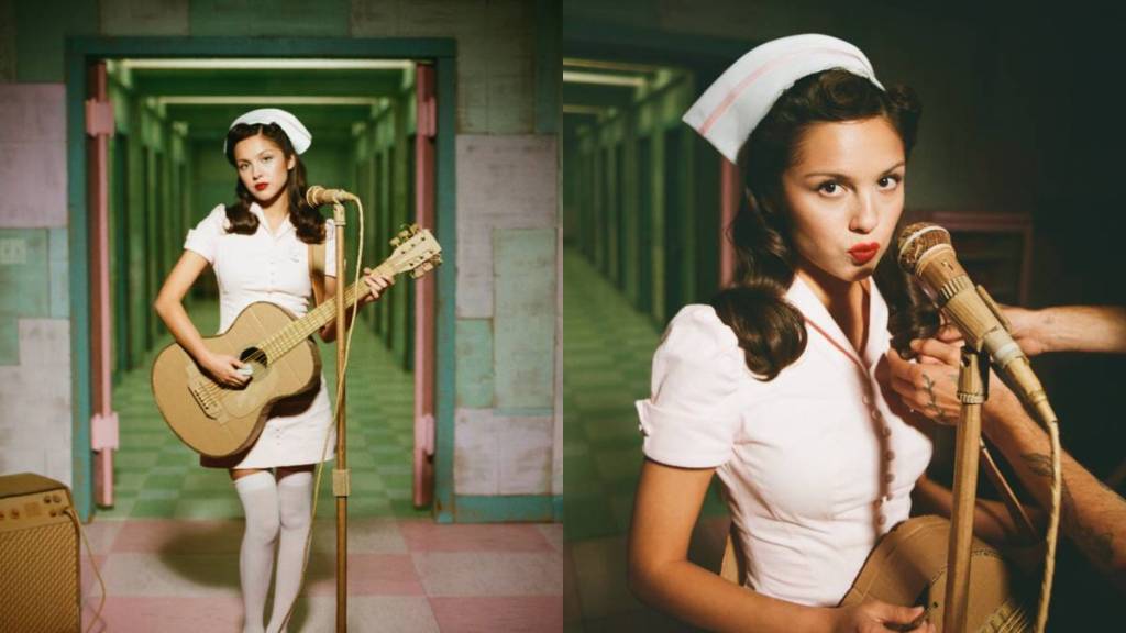 Olivia Rodrigo dressed as a nurse playing guitar.