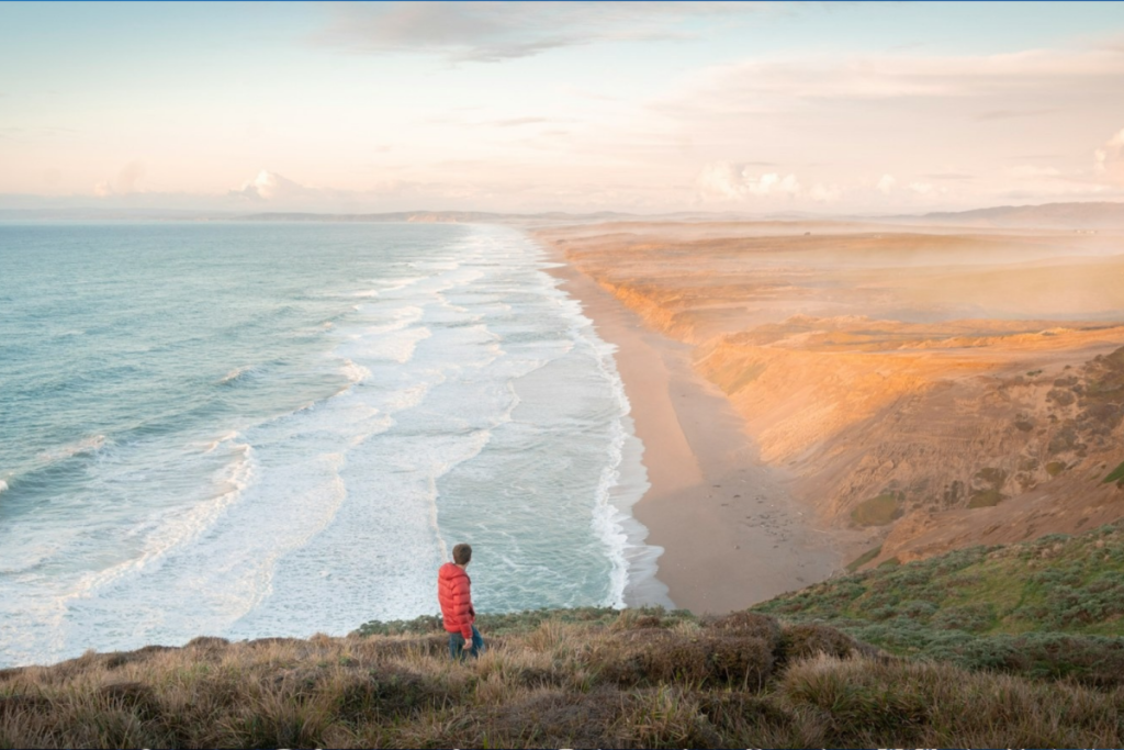 A person walks along a trail overlooking ocean view in Point Reyes