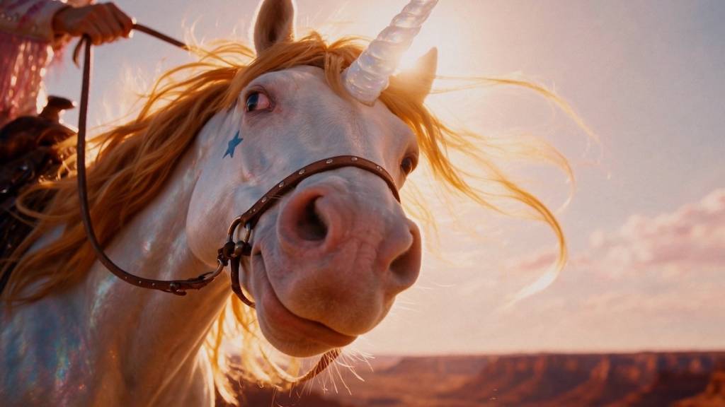 a close up of a unicorn's face, a rider in the background