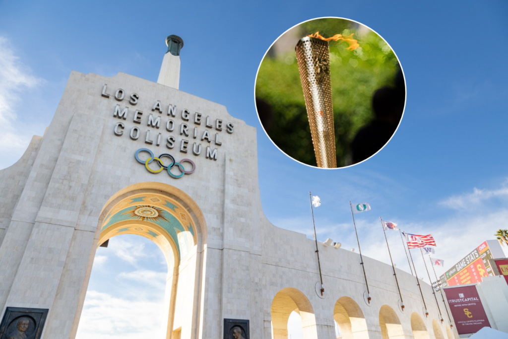 LA Memorial Coliseum and Olympic torch