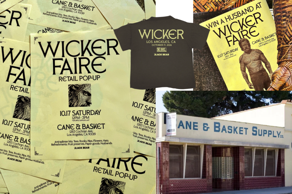 «Wicker» organiza este sábado una tienda pop-up de un día en Los Ángeles, en Cane & Basket Supply, una tienda familiar de cestería que lleva abierta desde 1962, con un mercadillo rural y un sorteo de un cartel del «marido de Wicker».