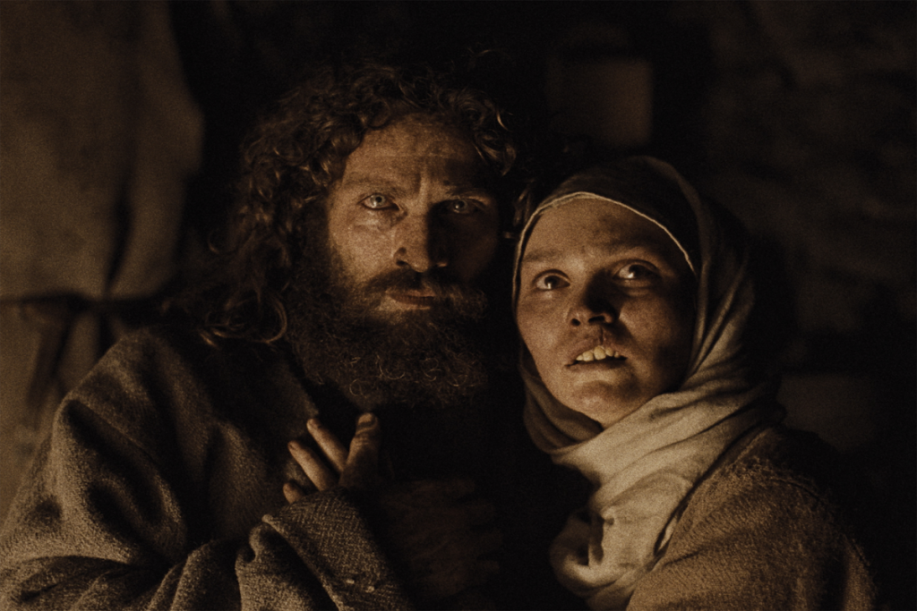 Aaron Taylor-Johnson and Lily-Rose Depp holding each other in the film Werwulf.