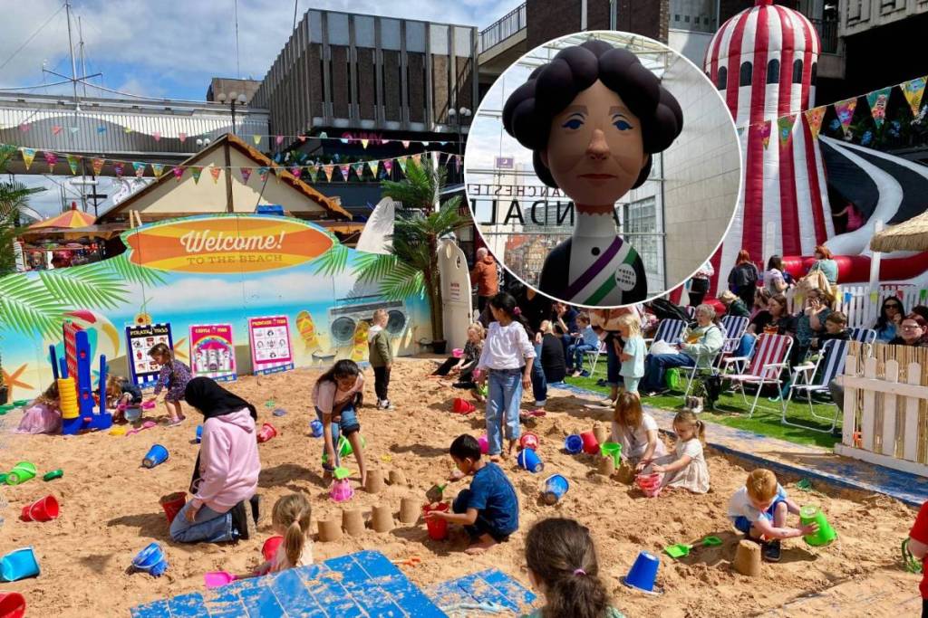 merseybay beach stockport and inflatable emmeline pankhurst in manchester arndale in circle