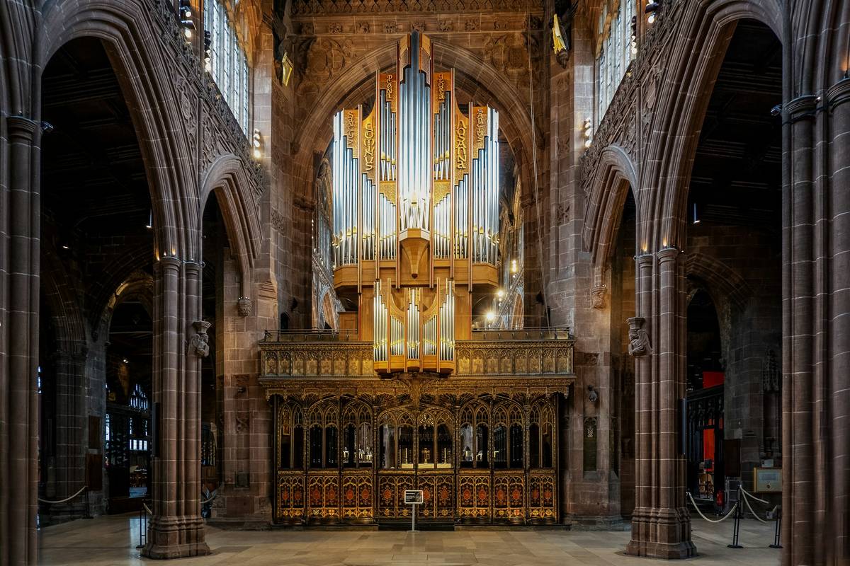 The golden interior of Manchester Cathedral.