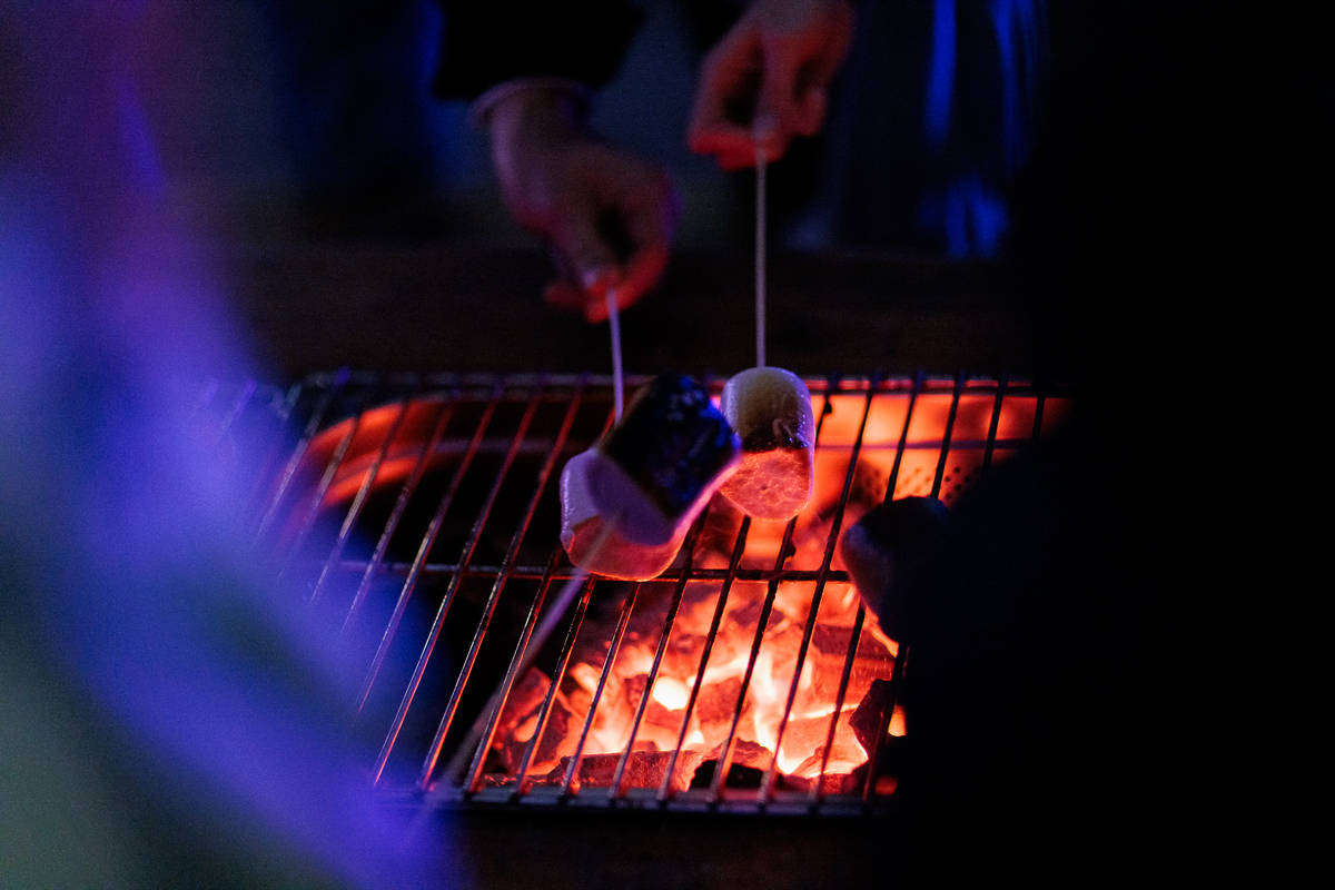 marshmallows being toasted on fire at twilight trail tales at freight island, manchester