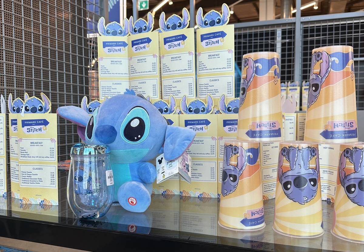 stitch cafe primark manchester cuddly toy and cups