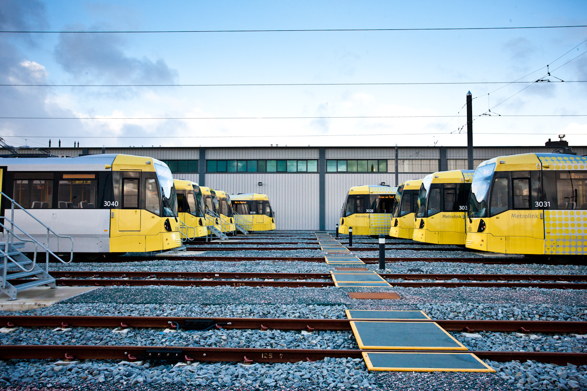 trams facing each other and trafford depot