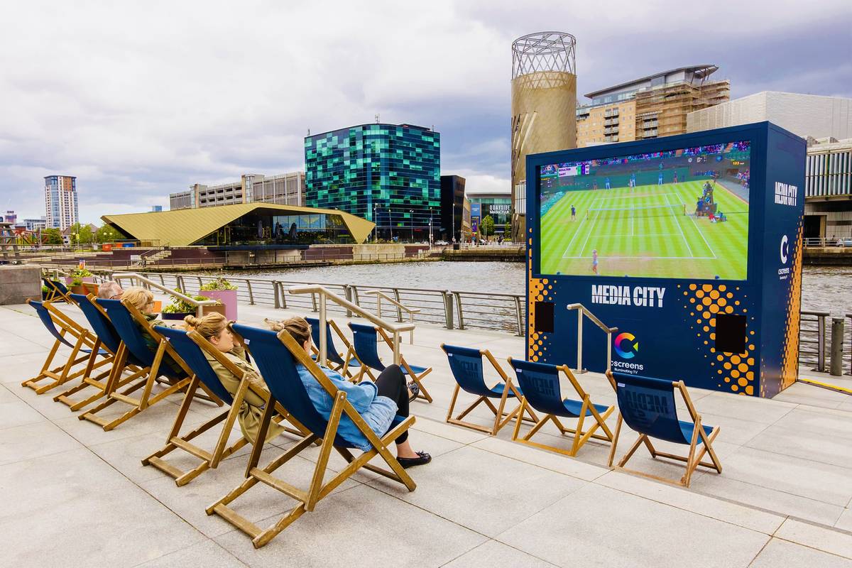 screen on the docks at mediacity, salford, greater manchester which will be showing the olympics