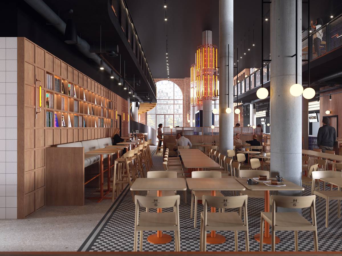 cgi of main entrance of house of social food hall in manchester shoing rows of tables and seating