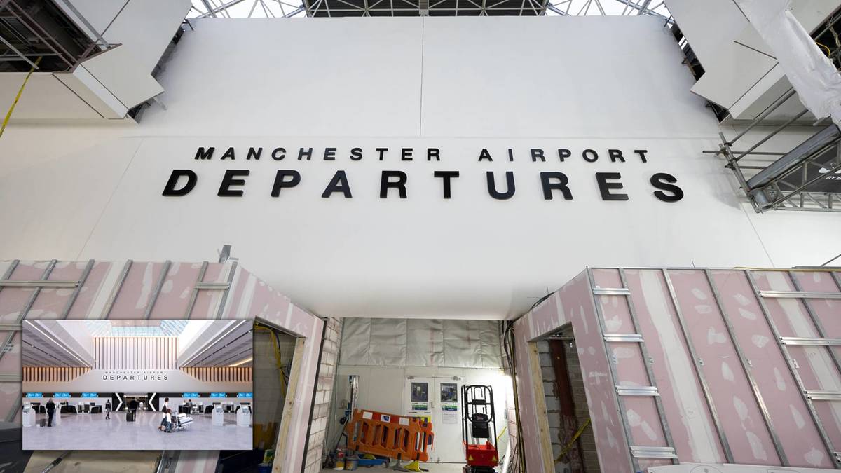 entrance to manchester airport terminal 2 departure lounge with cgi overlay in corner of what lounge will look like