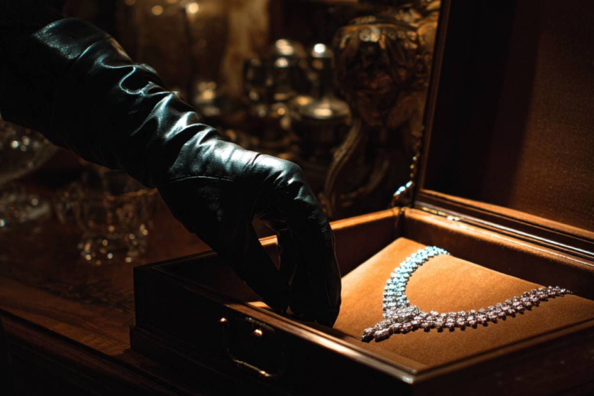 A gloved thief steals a diamond necklace from a box.