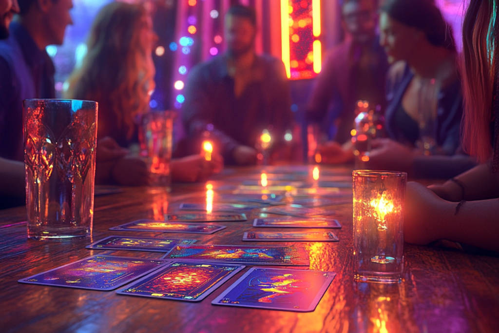 A tarot card reading at a dimly lit bar
