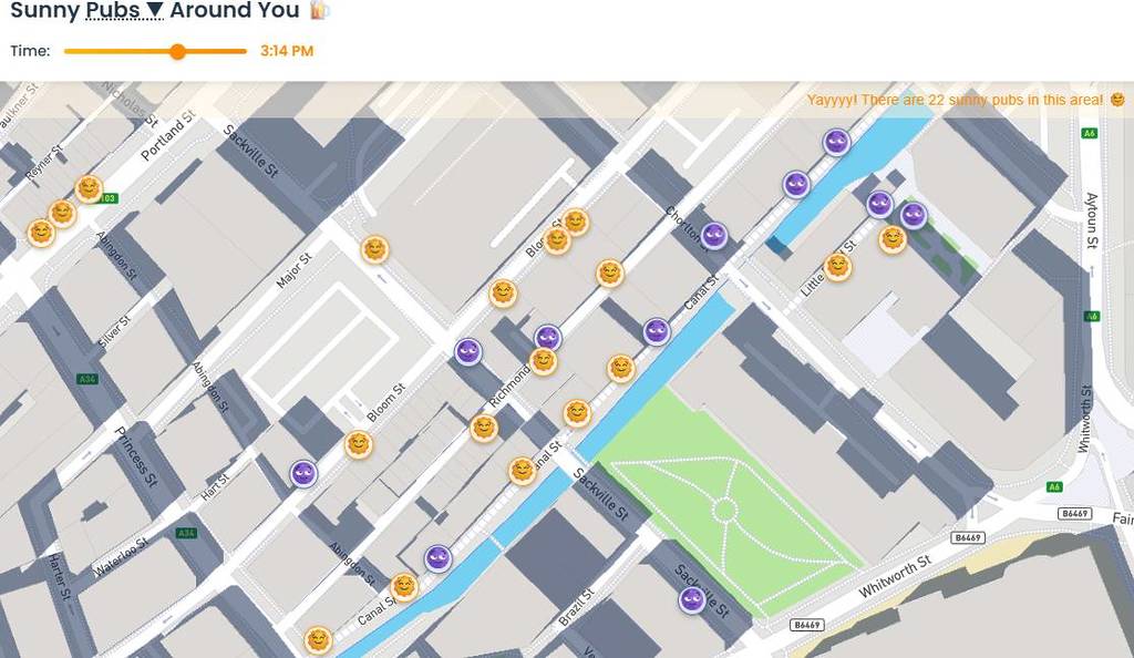 screenshot of map showing sunny beer gardens in manchester's gay village