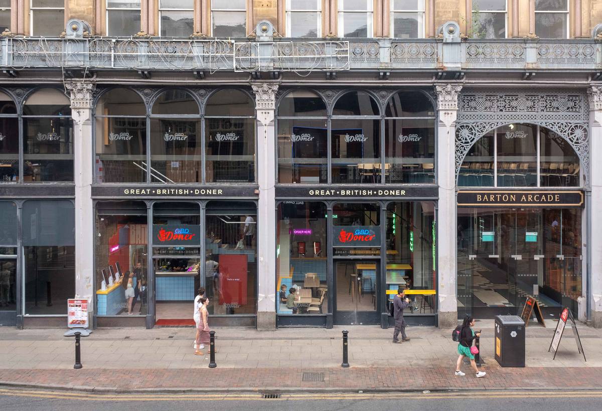 view of great british doner site in barton aracde from deansgate in manchester