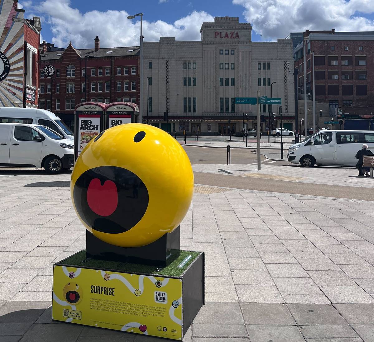 sculpture near the plaza stockport part of smileyworld art trail