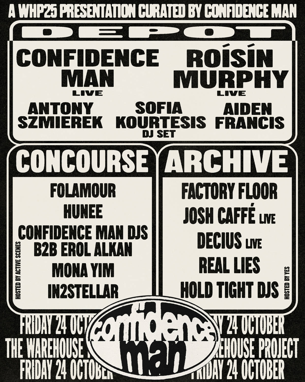 confidence man curates warehouse project poster