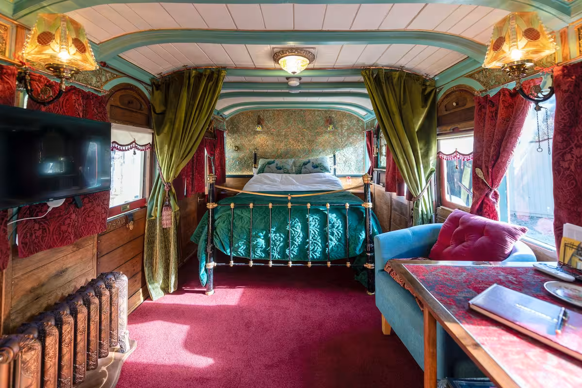 train carriage interior airbnb delph bed kitchen carpet
