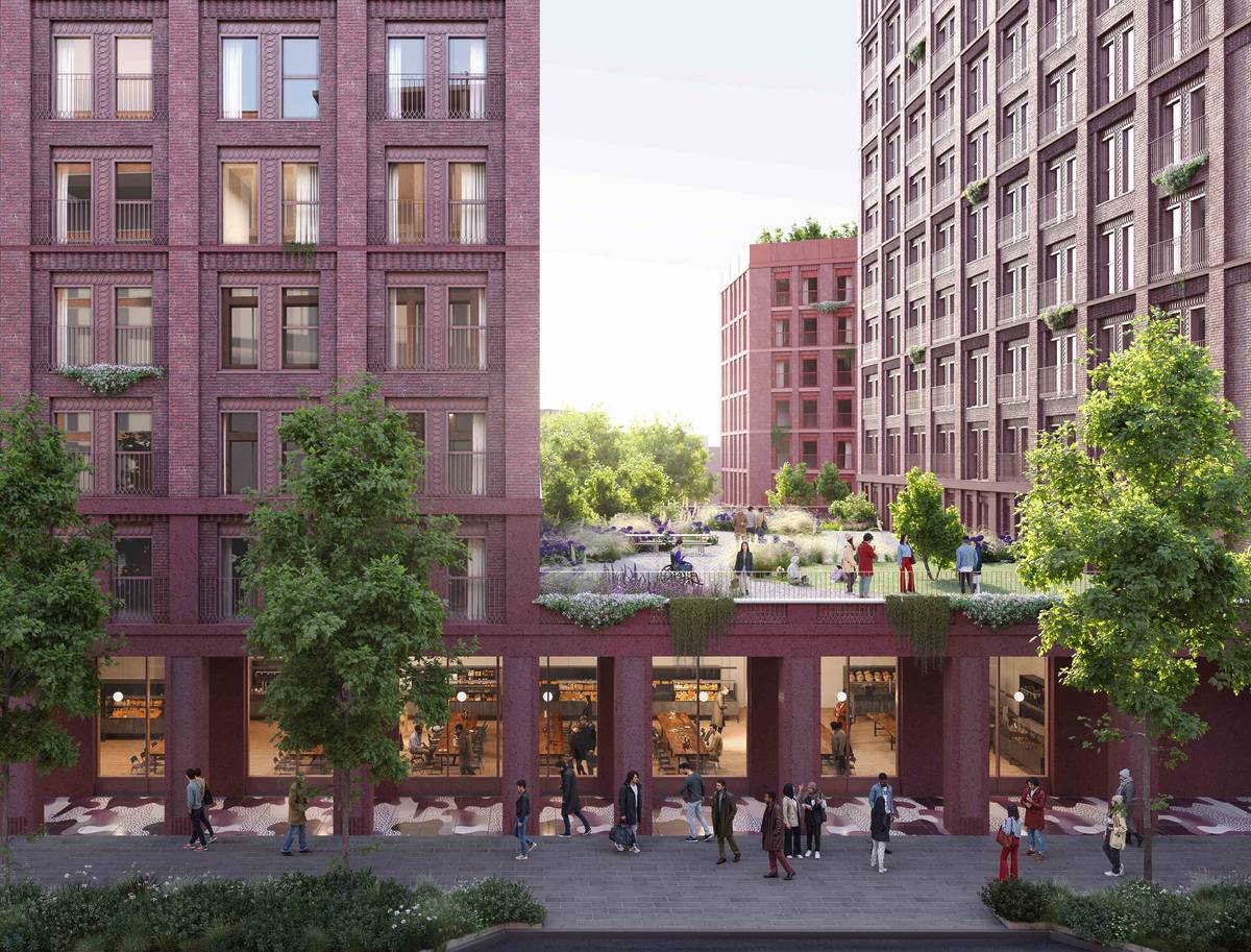 cgi of manchester redevelopment with mix of residential and commercial spaces include rooftop garden area