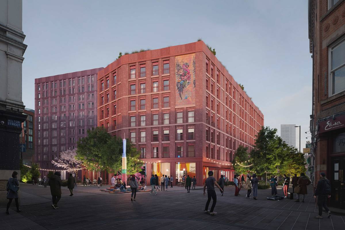 cgi of how church street car park in manchester will be redeveloped with red brick residential buildings and street art mural on side of building