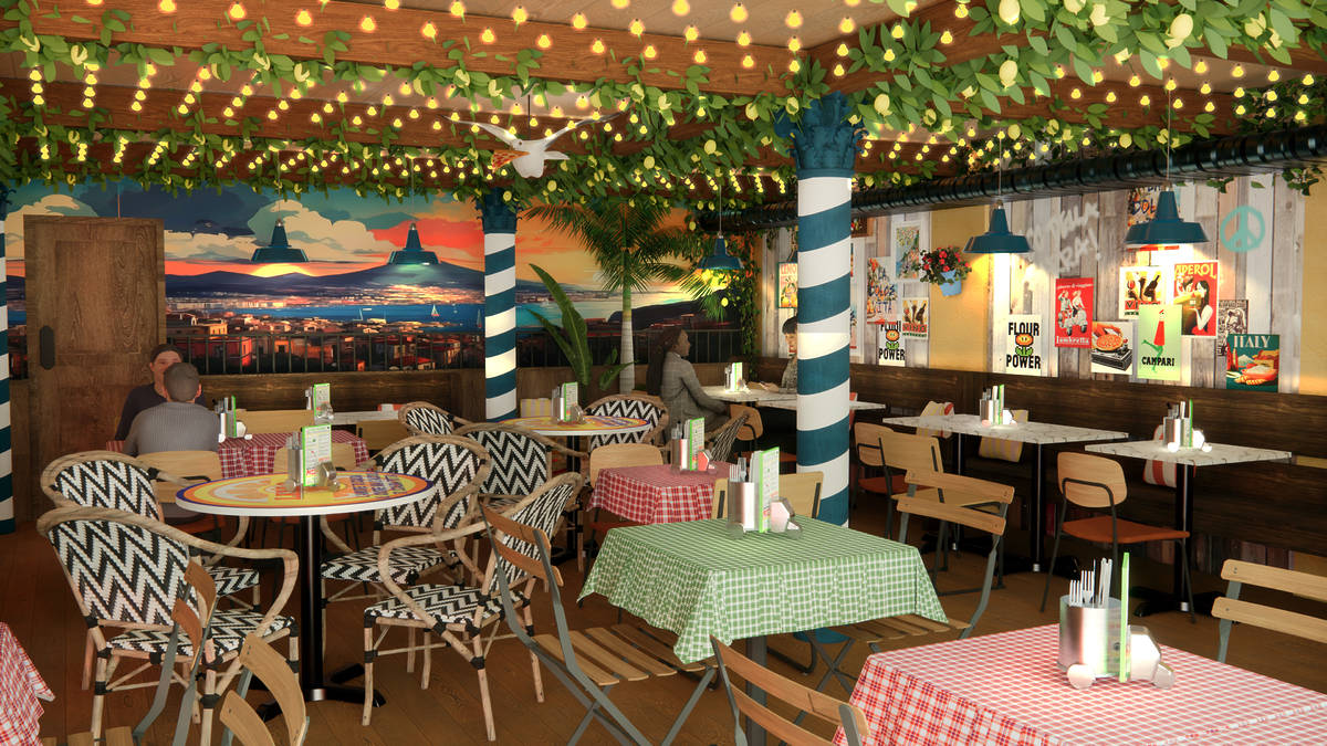 mezzanine floor at pizza pilgrims manahcester with festoon lights on ceiling