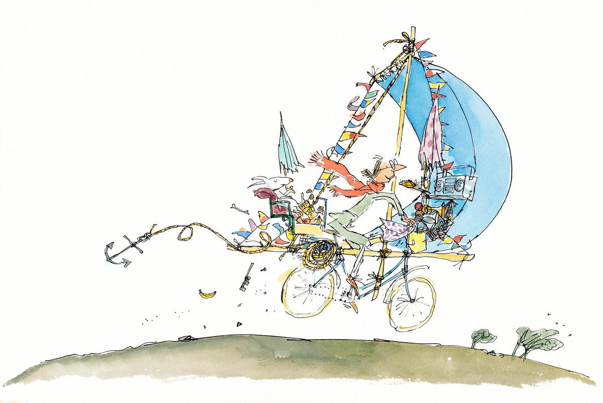 illustration of man on bike with sail from 'Mrs Armitage on Wheels' by Quentin Blake (1987)