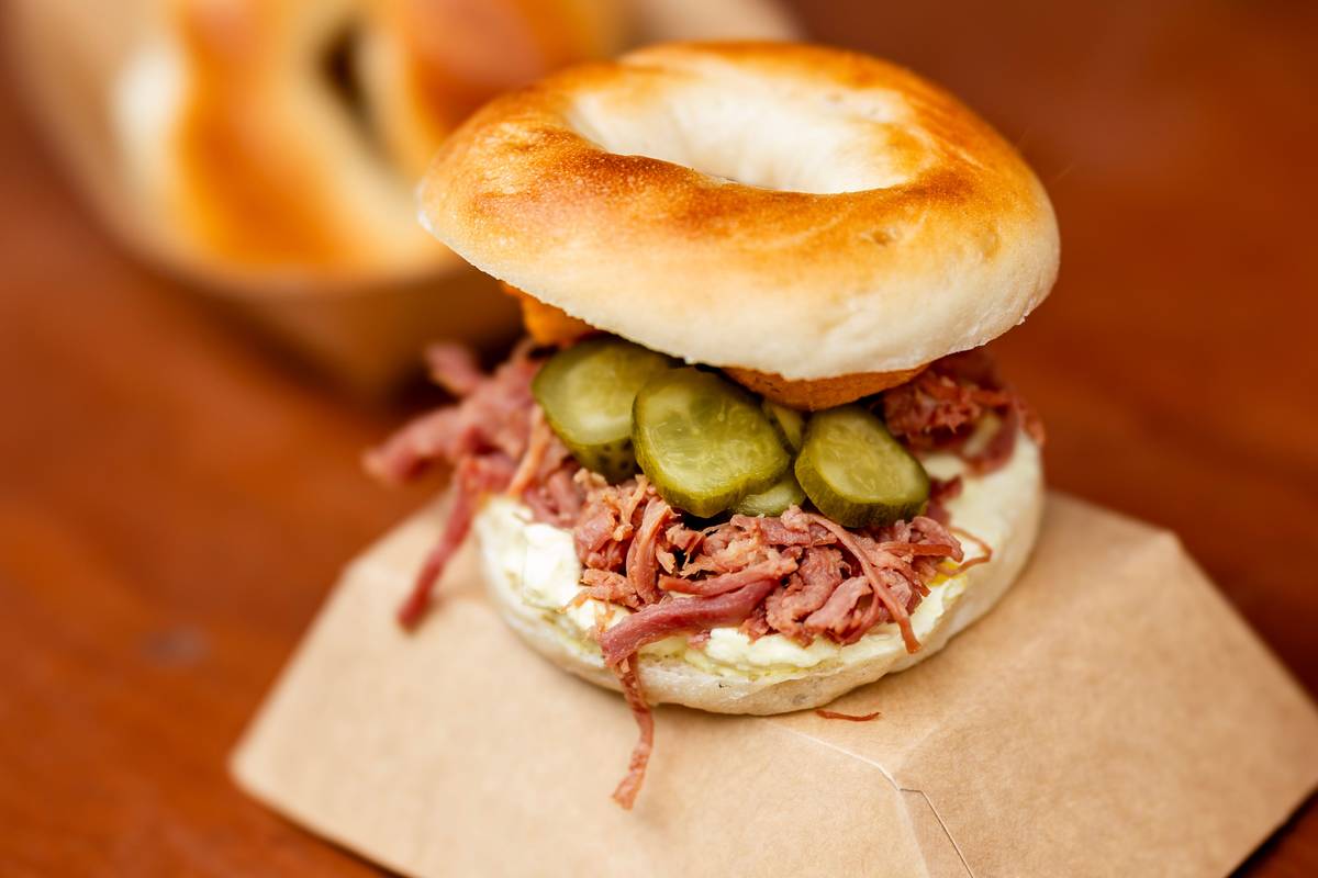 salt beef and gherkin bagel by bross bagels