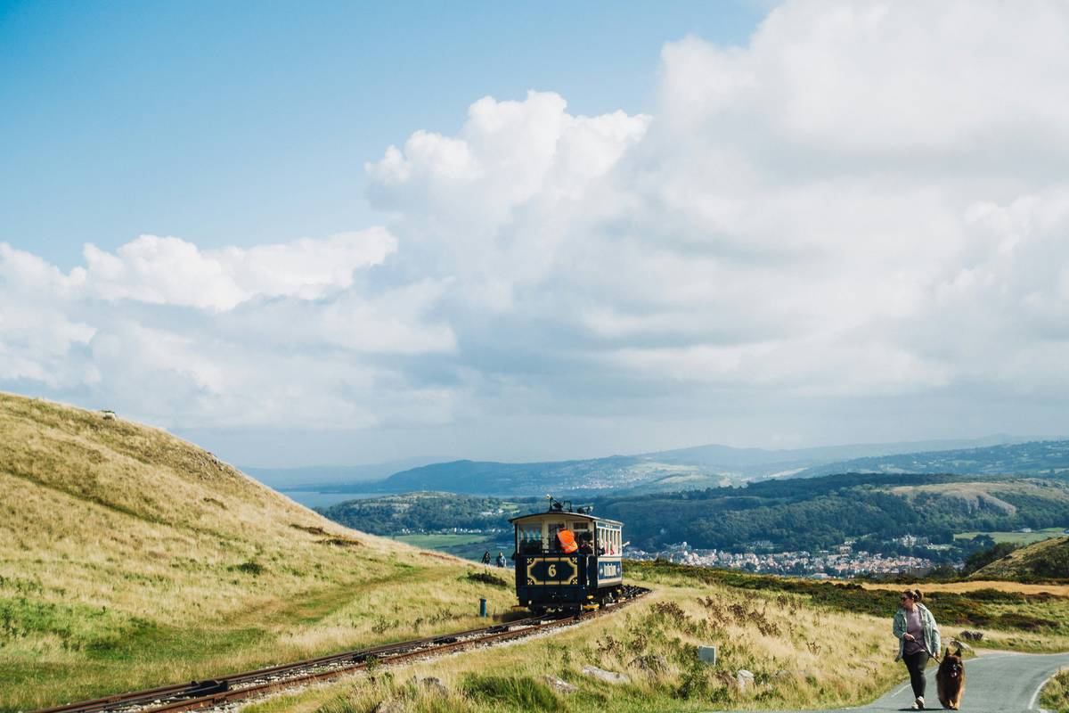 great orme tramway on hill above llandudno town in wales