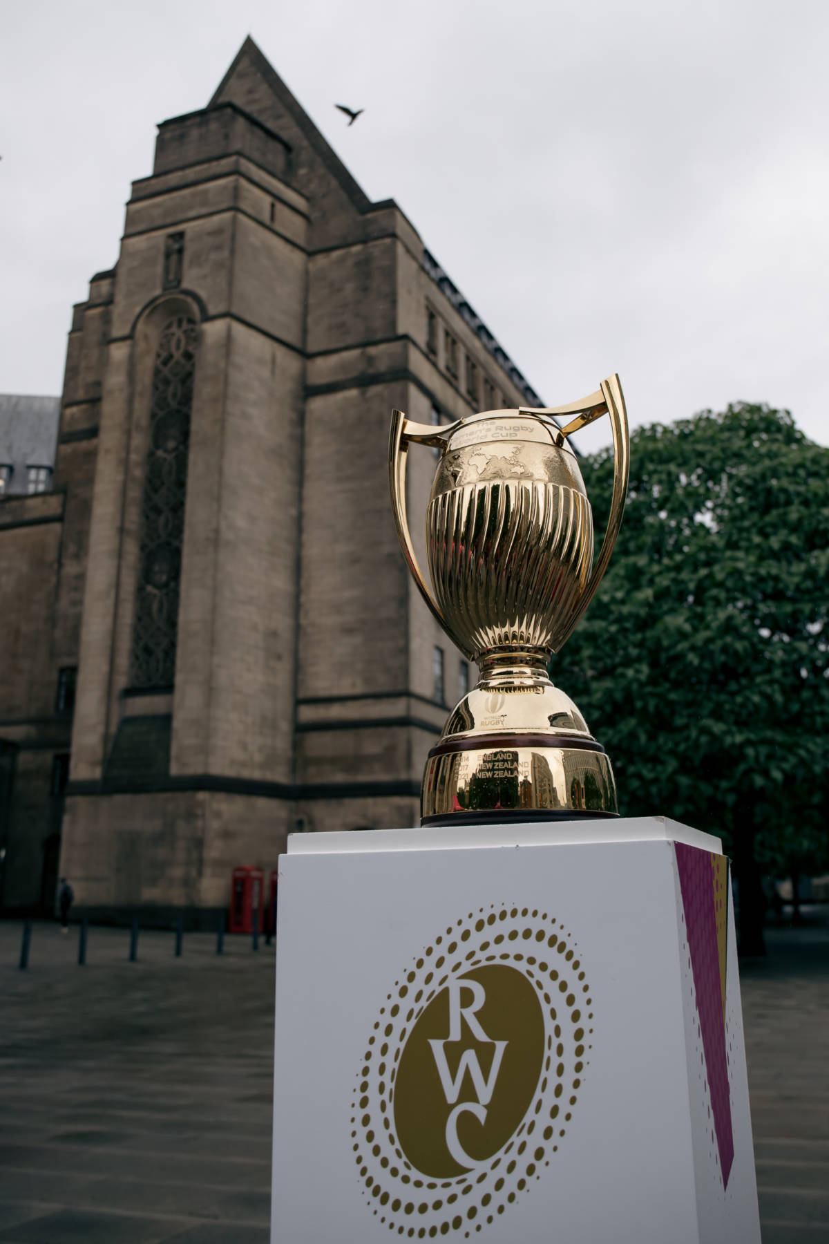 pic of the womens rugby world cup trophy outside manchester town hall, st peter's square