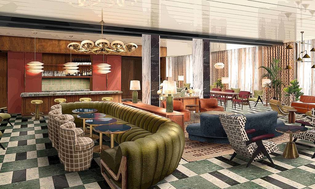 artist impression of ground floor entrance of mollie's manchester with green booth seating and mid-century furnishings