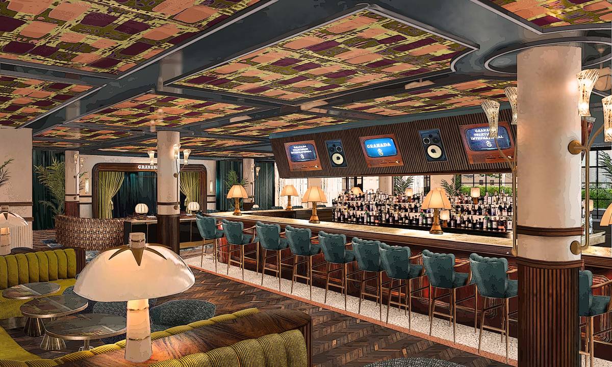 lower ground floor featuring bar area with row of blue velvet stools