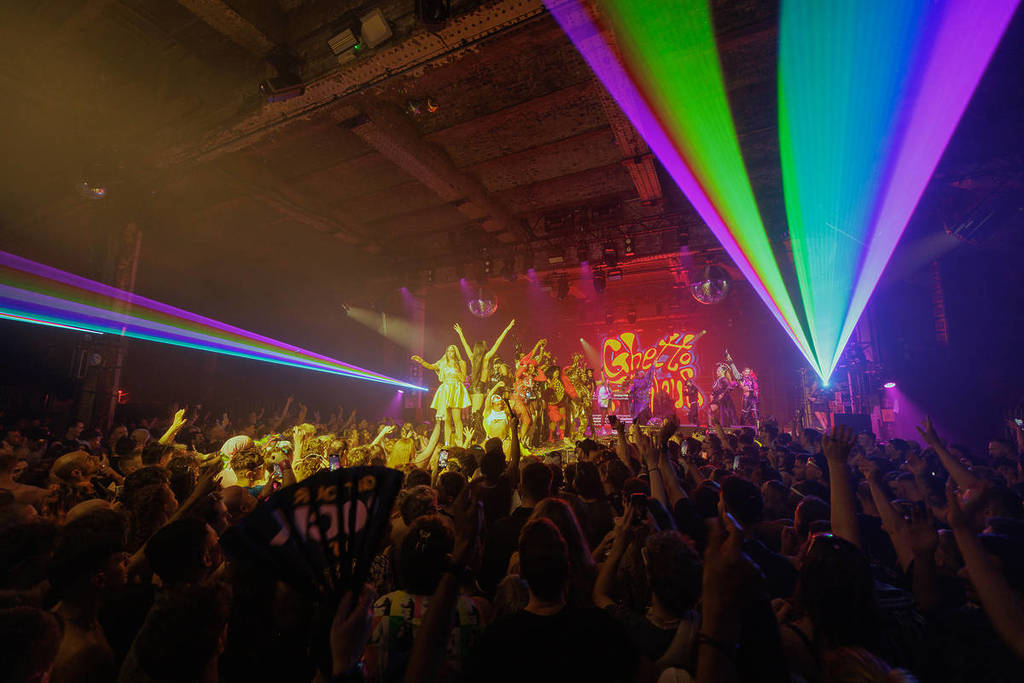 homobloc performers on stage manchester multicoloured strobe light