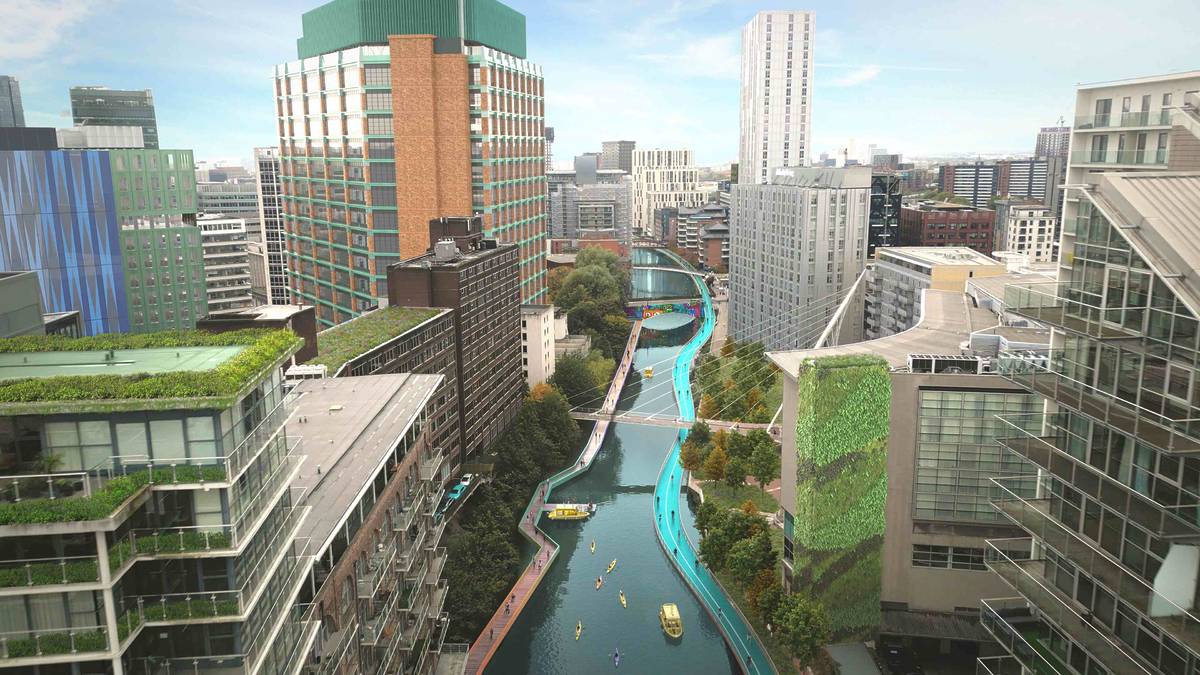 New lush green gardens around Trinity Bridge connect to floating and cantilevered footpaths andcycleways, with new bridges connecting the gaps between the existing. Art takes hold of existing bridges, enabling local and international artists to collaborate along the CyanLines network.