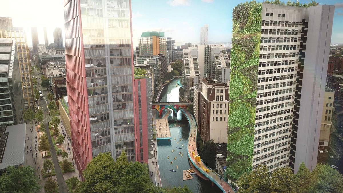An imagined view along the River Irwell with a new river-level floating walkway and deck, enablingManchester and Salford to be discovered from a new perspective. A canoe dock and storage area are there for those choosing to discover the city, or commute, by water.