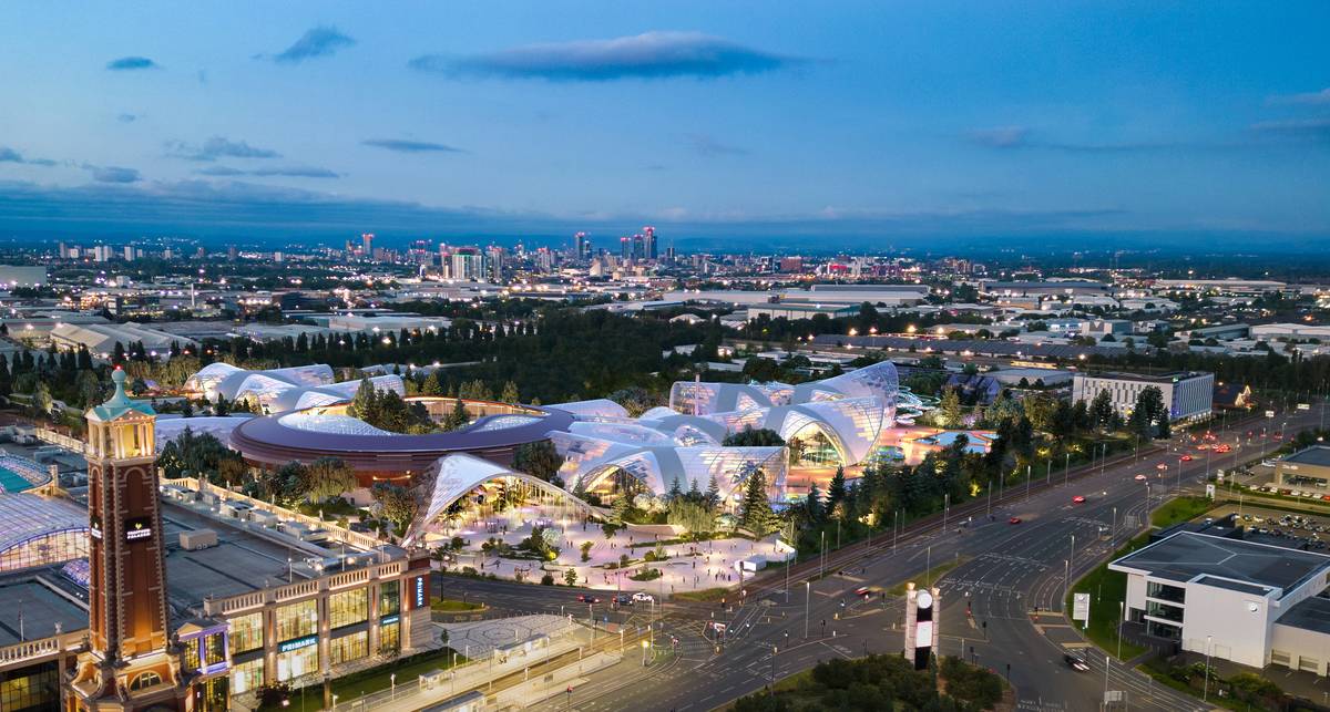 aerial shot of therme manchester at night