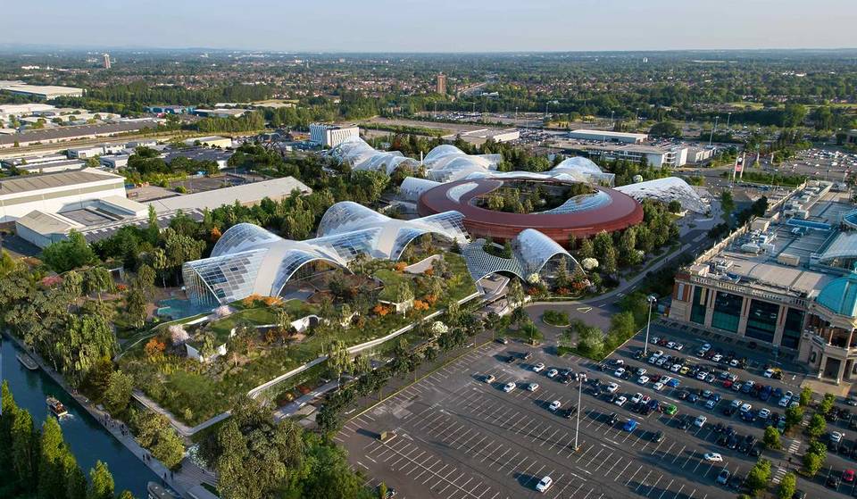New drone footage reveals first look of Manchester’s massive £500m wellbeing resort — with 25 water slides, an ‘urban beach’ and the UK’s largest sauna