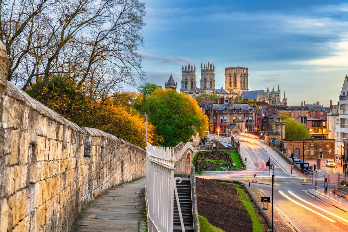 York Minster at sunset viewed from the city walls side. UK