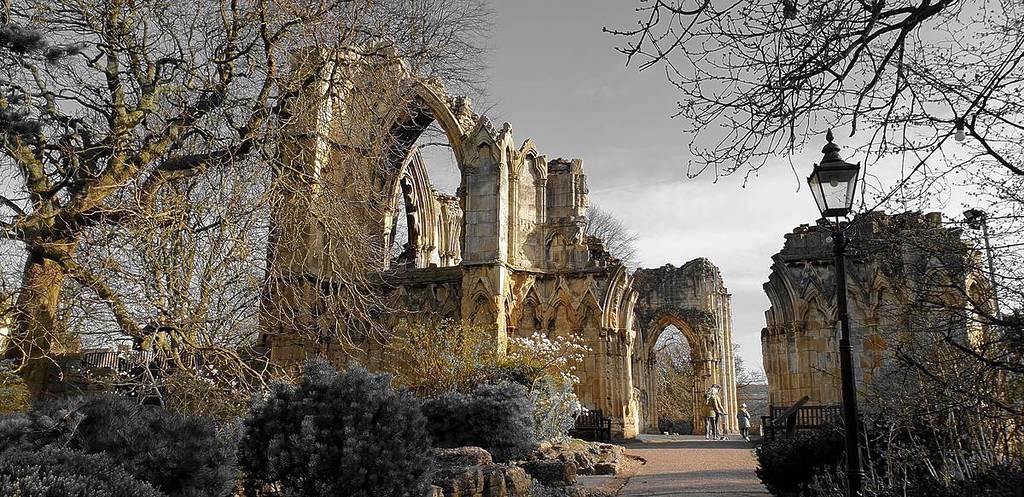 York, UK, city wall york, from roman times, archway, old city gates, trees, beautiful garden, green, blue sky,longest town walls in England, sw, horizontal photo