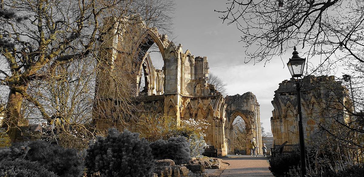 York, UK, city wall york, from roman times, archway, old city gates, trees, beautiful garden, green, blue sky,longest town walls in England, sw, horizontal photo